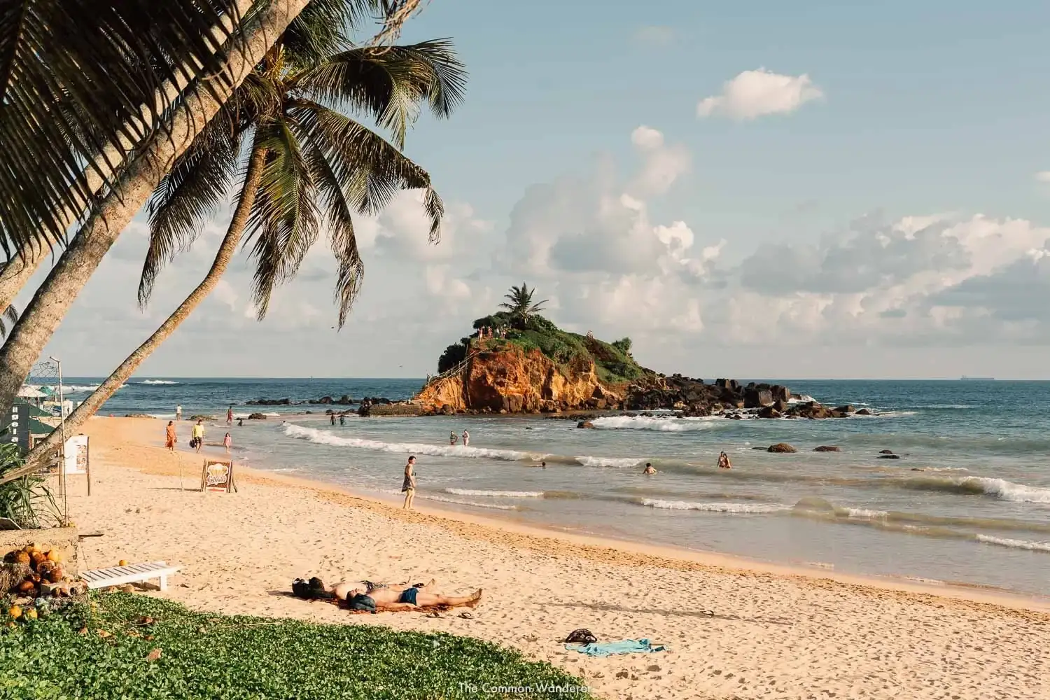 Mirissa Beach with leaning coconut palms and fishing boats on Sri Lanka's south coast